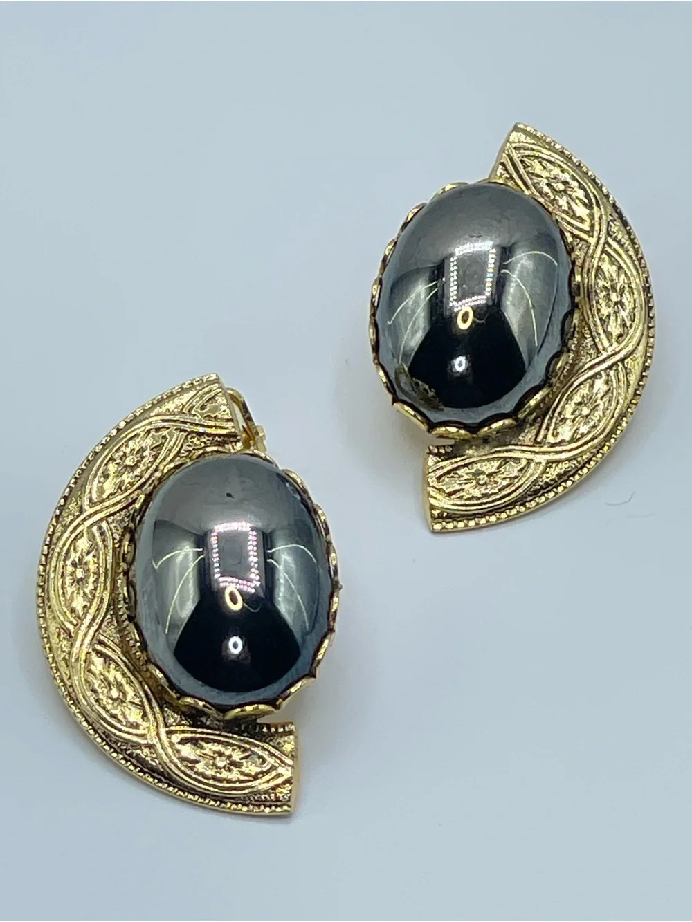 Gold Tone Hematite Cabochon Clip On Earrings Ornate Vintage Style Statement